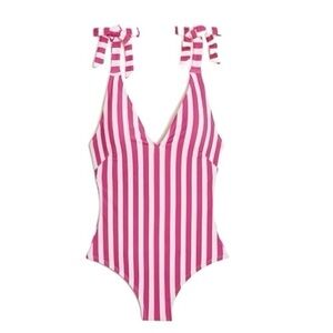 NWT! J. Crew Wild Berry White Striped Tie-Shoulder One-Piece Swimsuit. Size 3X
